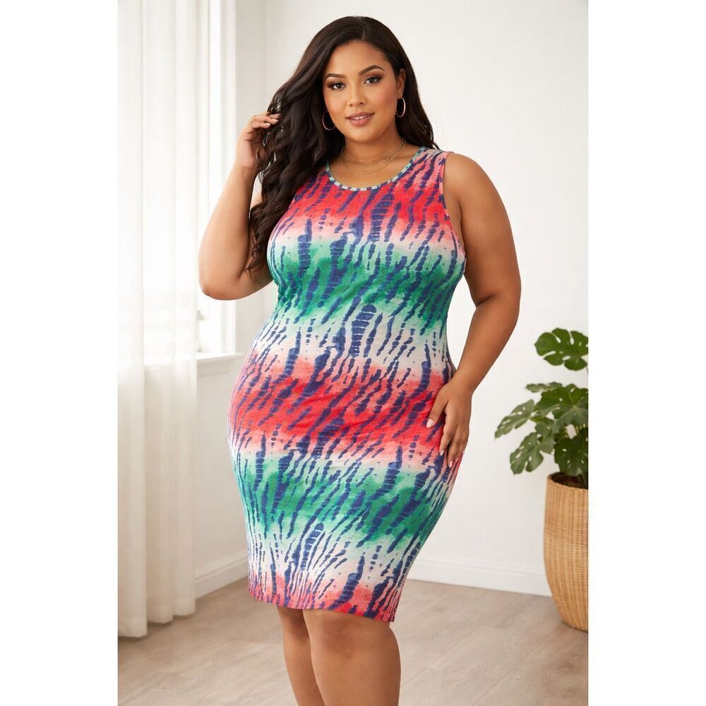Love Plus Size 2X Sleeveless Tie Dye Midi Dress Multicolor Summer